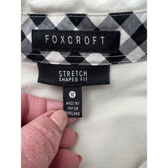 Foxcroft Womens Size 10 Top Blouse Tan Black Gingham Trim Fall Career Excellent - Picture 5 of 7